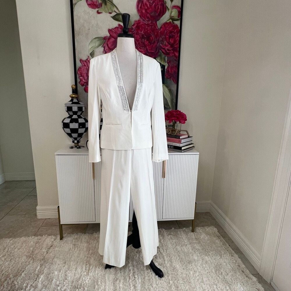 Cache Women's Two Piece Studded Long Sleeve Wide Leg Pant Suit Set White Size 10
